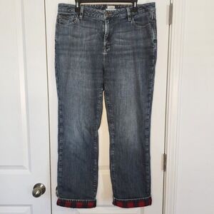 L.L.Bean Favorite Fit Jeans Red Plaid Cuffed Denim Pants Size 16 Regular